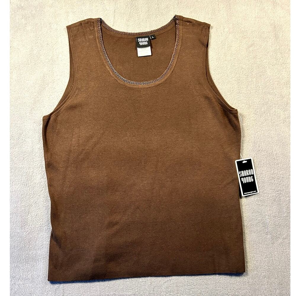 NWT Sharon Young Women Large Brown Lurex Metallic Trim Sleeveless Tank Top Knit
